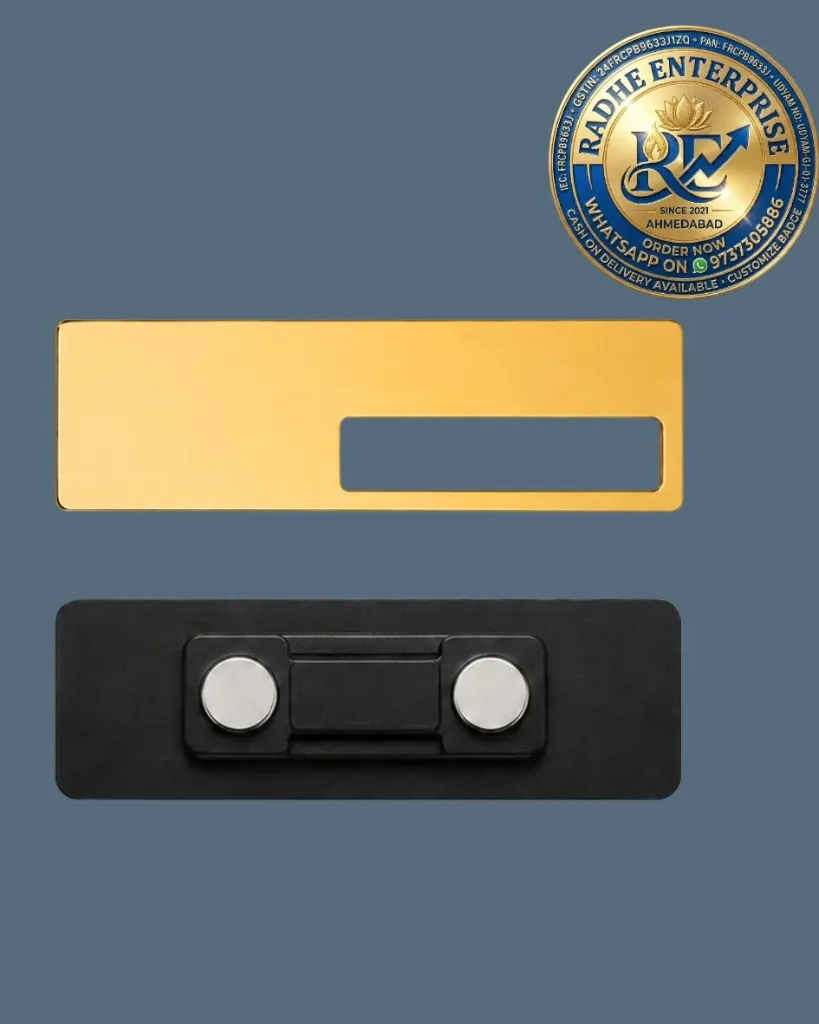 Reusable Sublimation Aluminum Name Badge 75×25mm – Gold  Pin or Magnet.webp