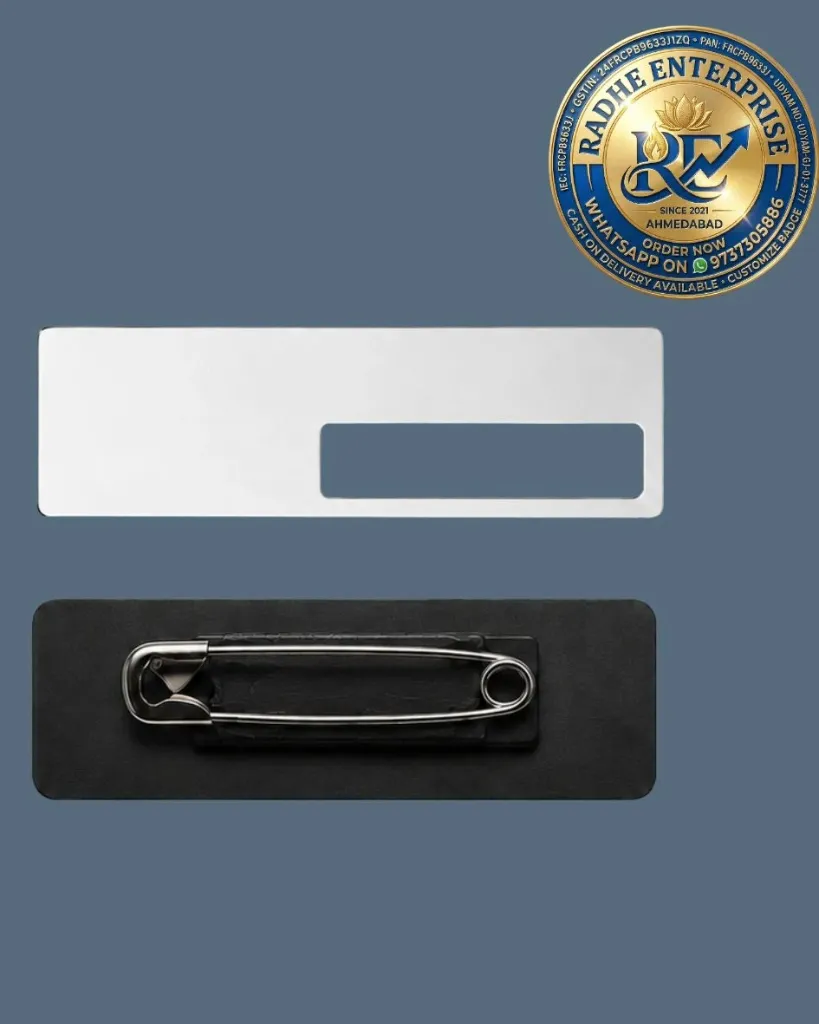 Reusable Sublimation Aluminum Name Badge 75×25mm – Silver  Pin or Magnet.webp