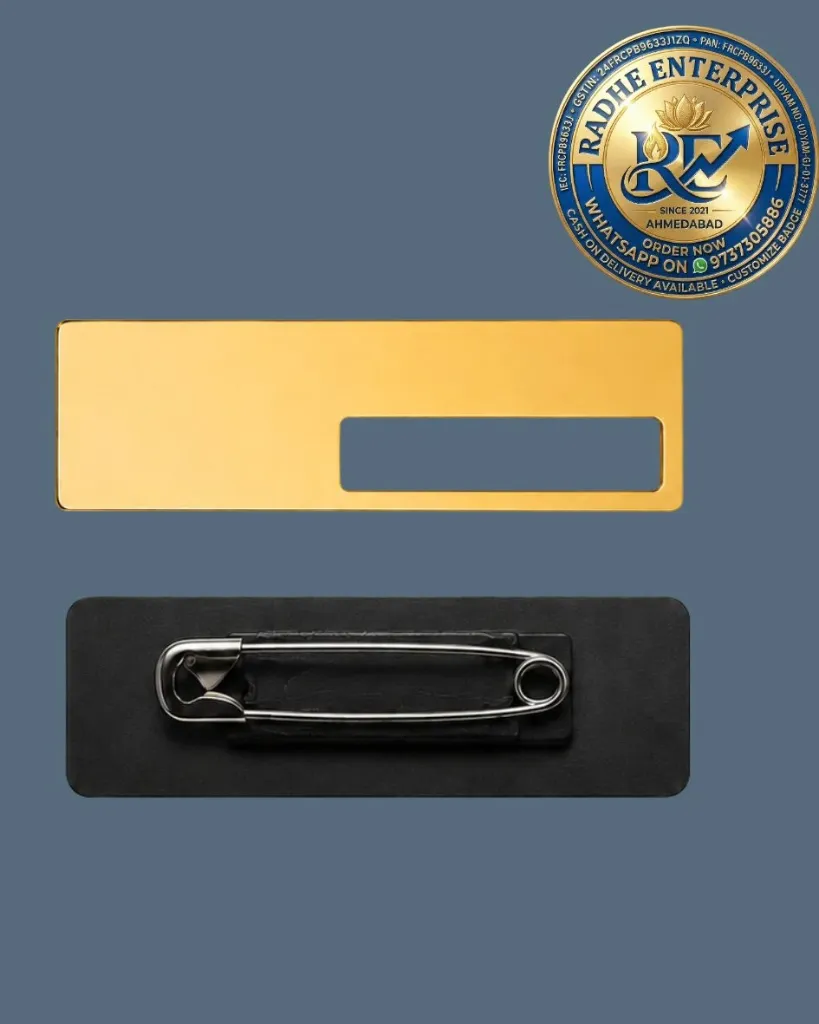 Reusable Sublimation Aluminum Name Badge 75×25mm – Gold & Silver  Pin or Magnet (2).webp