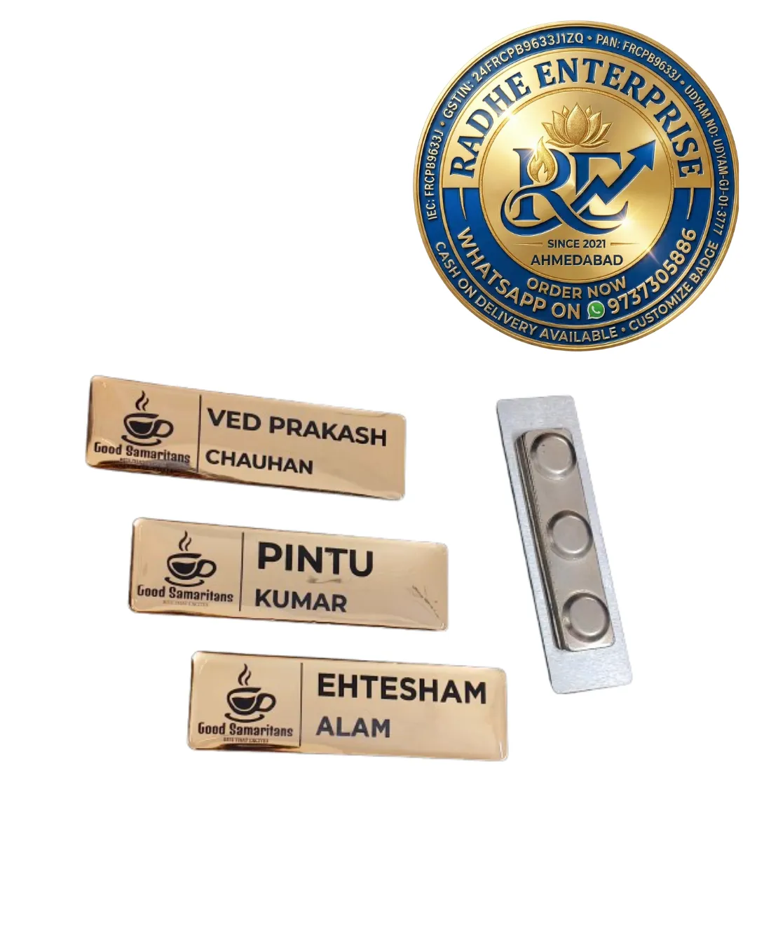 Golden Metal Corporate Office Name Plate Glossy Employee Pocket Name Badge with Magnet