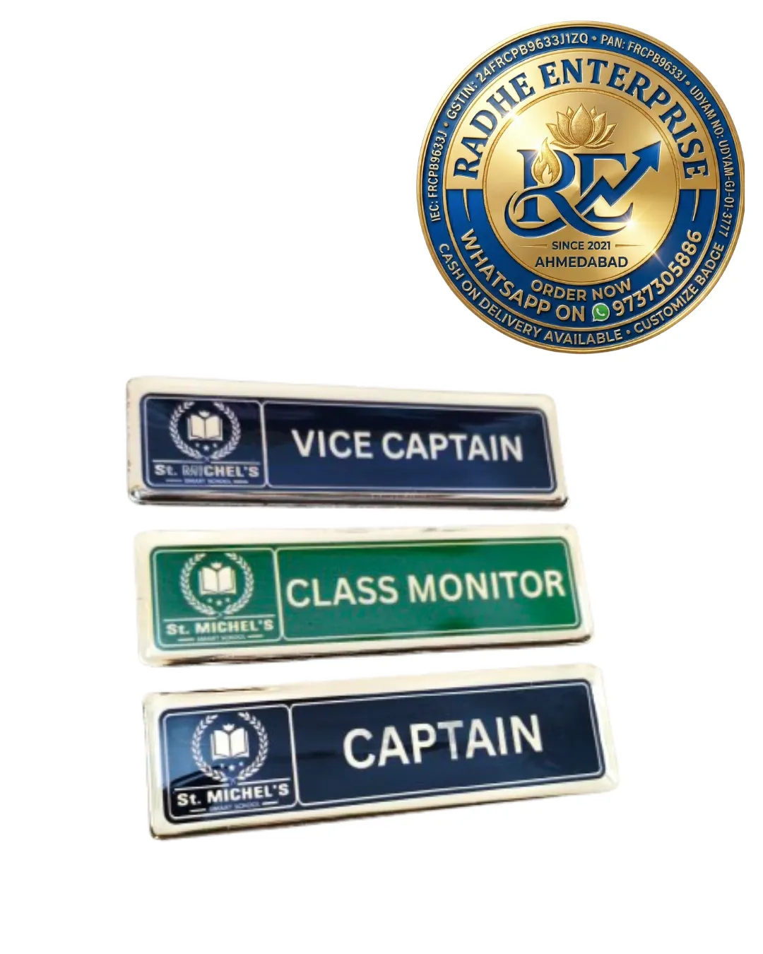 Glossy Golden Border School Name Badge Captain Vice Captain Class Monitor Metal Badge Custom