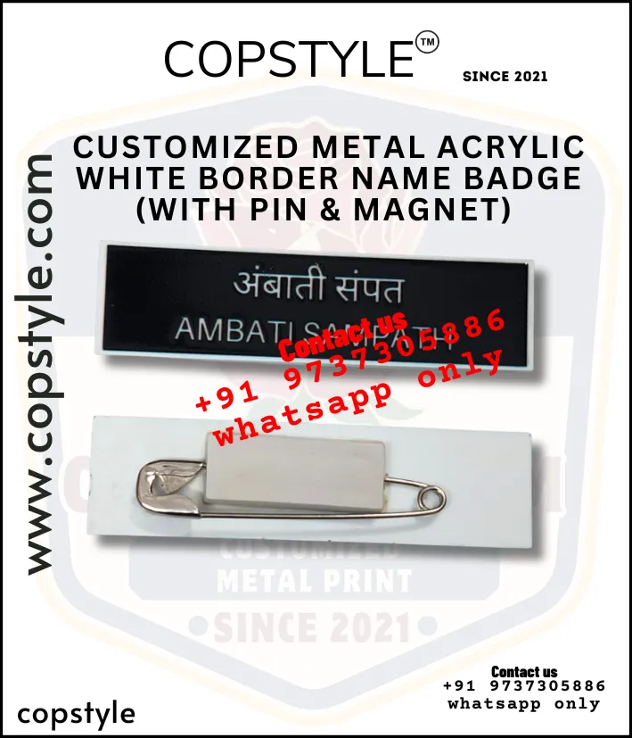 Customized Metal Acrylic White Border Name Badge With Pin And Magnet
