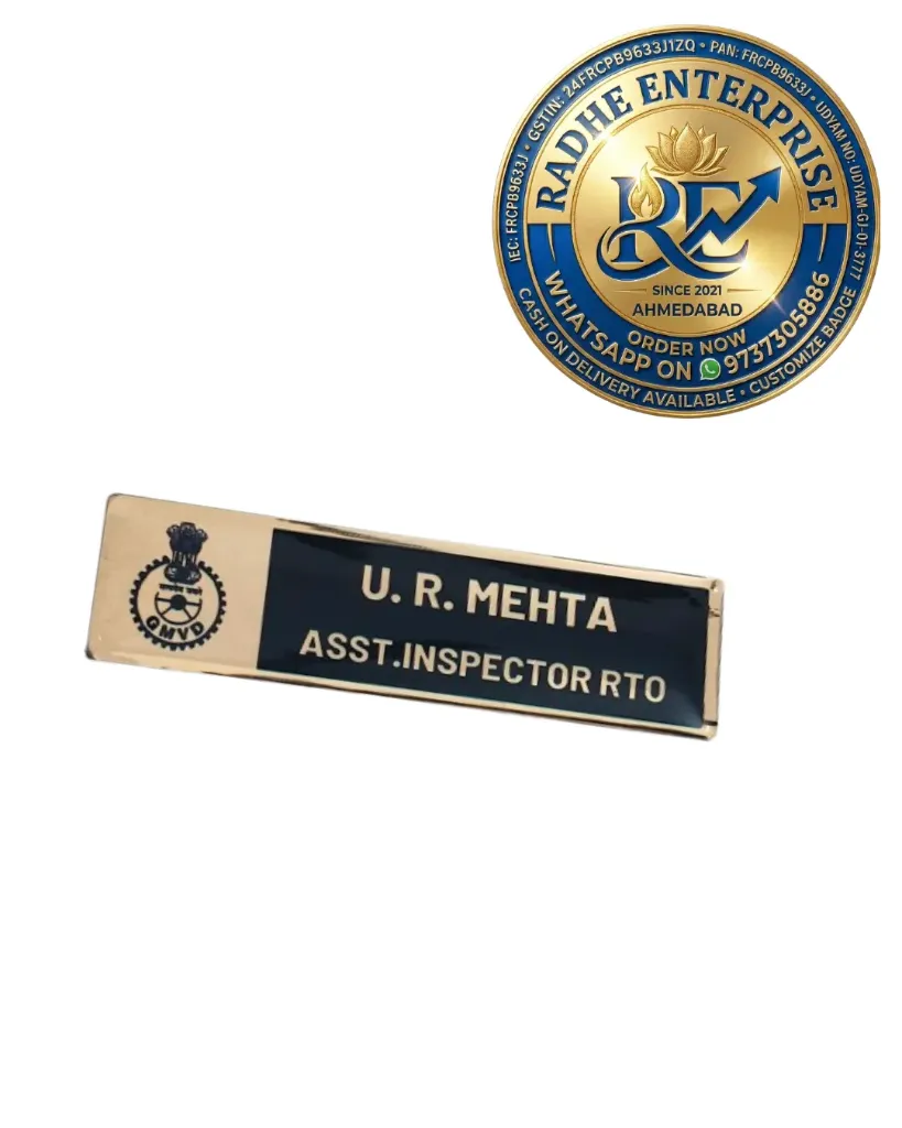 Premium Golden Finish Metal Name Plate Custom Government Officer Name Badge with Pin & Magnet