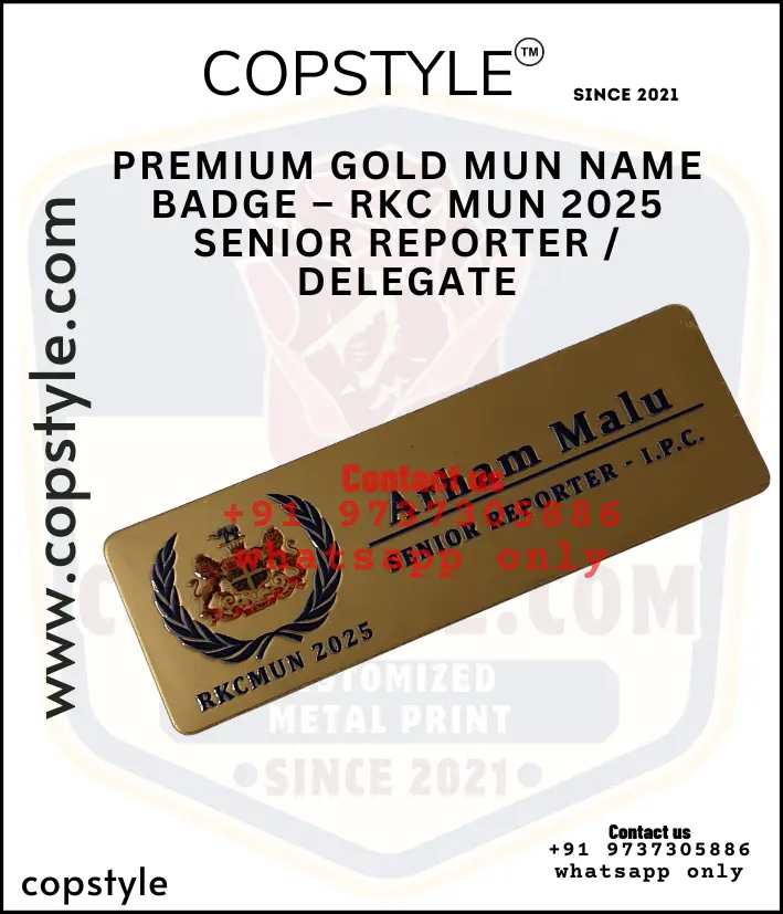 [PREMIUM GOLD gg2] PREMIUM GOLD MUN NAME BADGE RKC MUN 2025 SENIOR REPORTER DELEGATEE (With  3 magnet Metal)