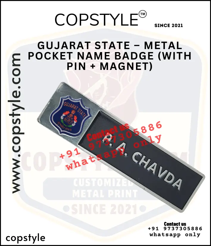 GUJARAT STATE – METAL POCKET NAME BADGE (WITH PIN + MAGNET)