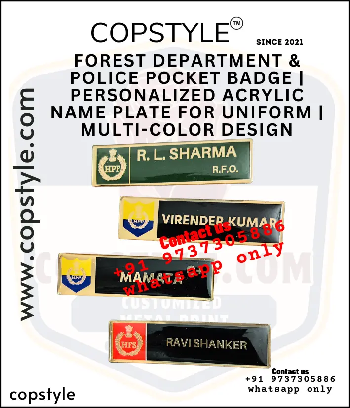 Forest Department & Police Pocket Badge  Personalized Acrylic Name Plate for Uniform  Multi-Color Design (With  3 magnet Metal)