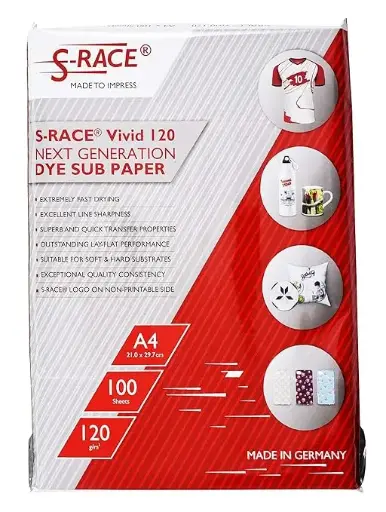 [S-Race100SSU] S-RACE: Vivid Dye Sublimation Paper 120GSM (A4 Size, 100 sheets, Pack of 1) Instant Dry, Heat Transfer Paper for Mug Printing, Mobile cases, Polyester clothes, T-shirts, Keychains & Other Ceramics