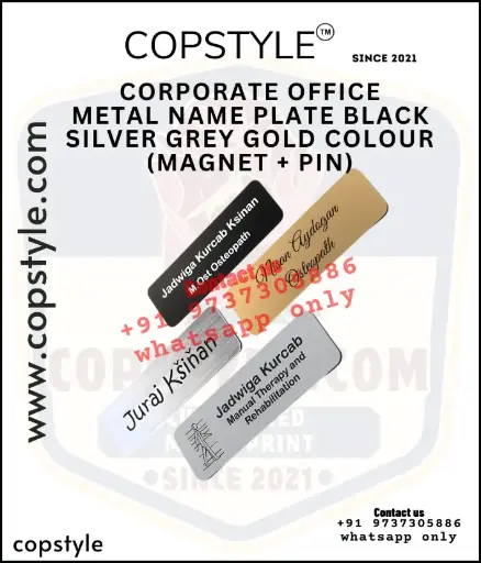 Corporate office Metal Name plate black silver grey gold colour magnet pin